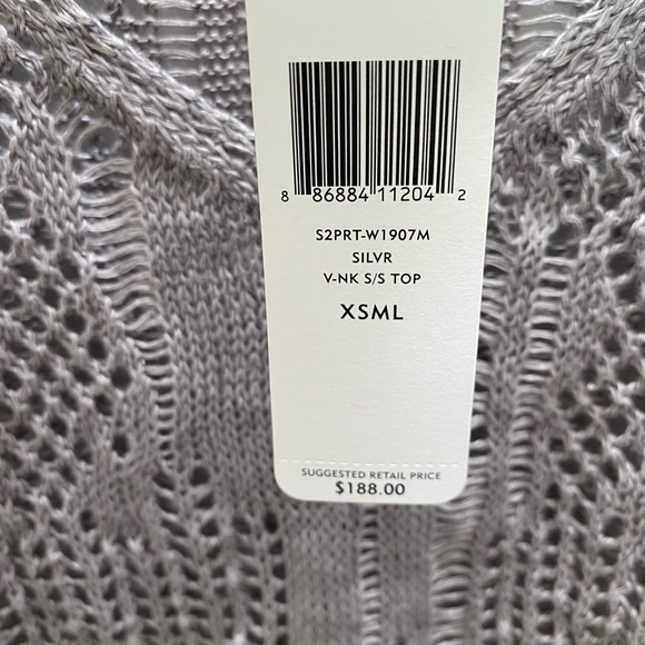 Eileen Fisher Precious Metal Open Texture Linen Silver V Neck S/S Top XS - Picture 9 of 11